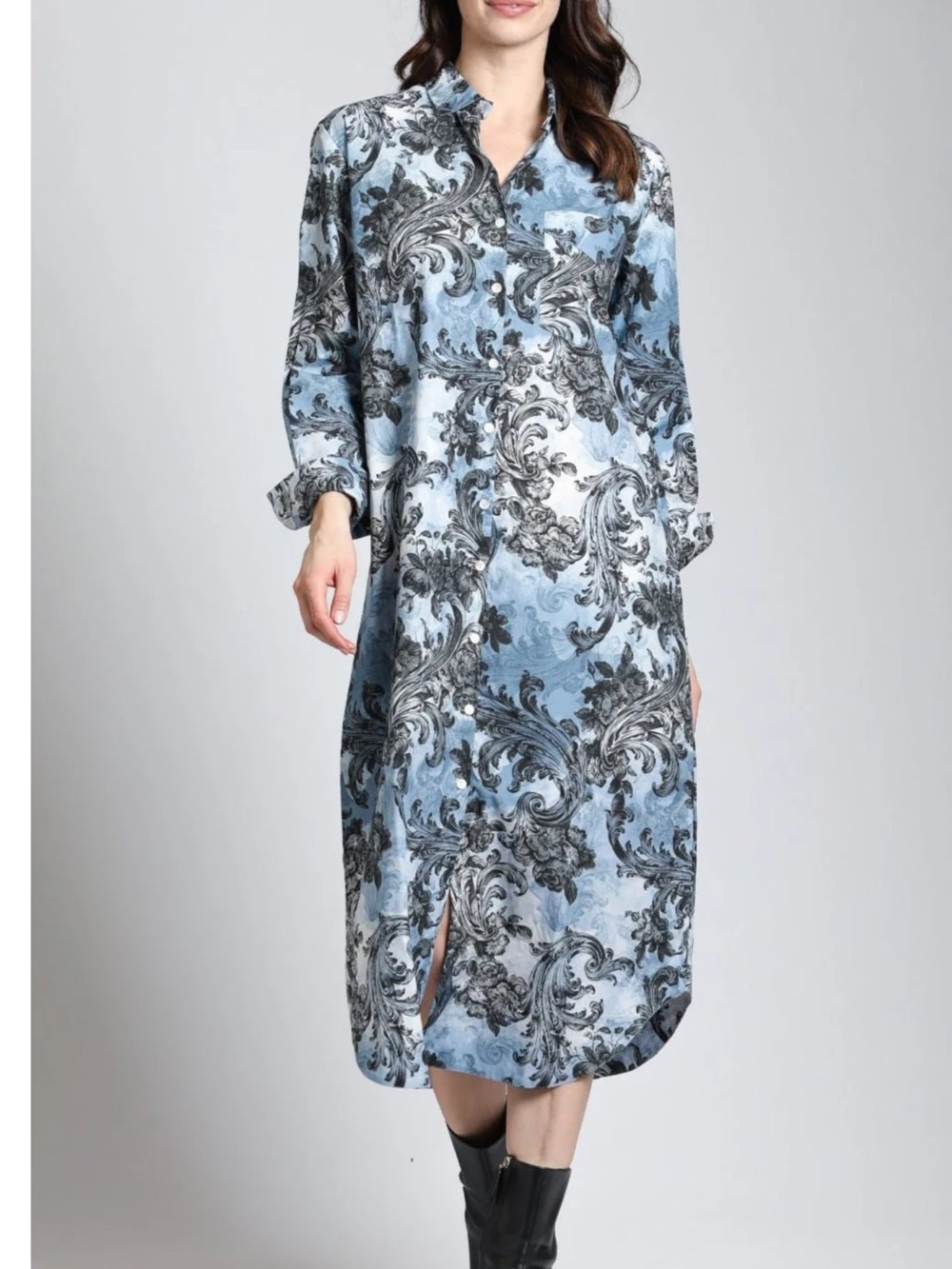 APNY long sleeve shirt dress with baroque print Size Large 100% cotton